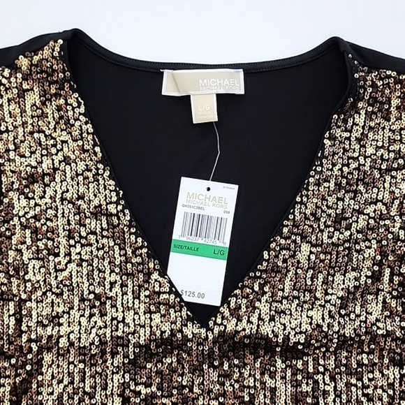 NWT Michael Kors Black Bronze Gold Sparkly Sequin Sleeveless V Neck Top Size L - Picture 4 of 9